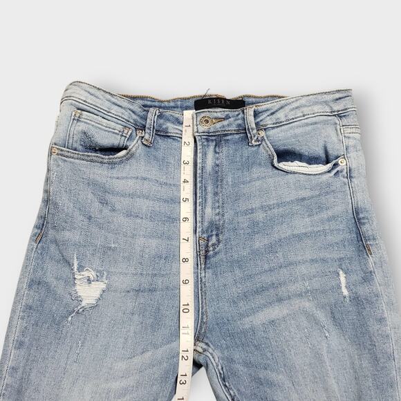 Risen Womens High-Rise Flare Distressed Jeans Sz 30/11 Light Blue Wash Raw Hem - Picture 11 of 13